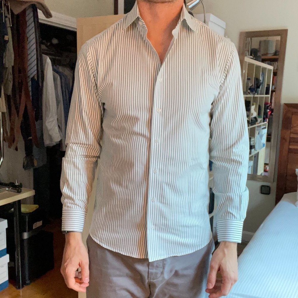 White cotton twill with green stripe long sleeve shirt